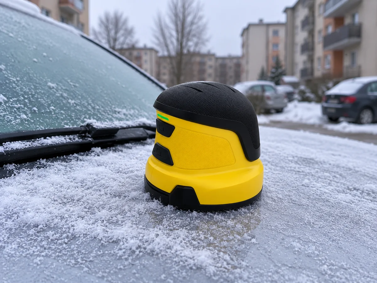 Skrobaczka stoi na oszronionej masce auta, bez kabla
